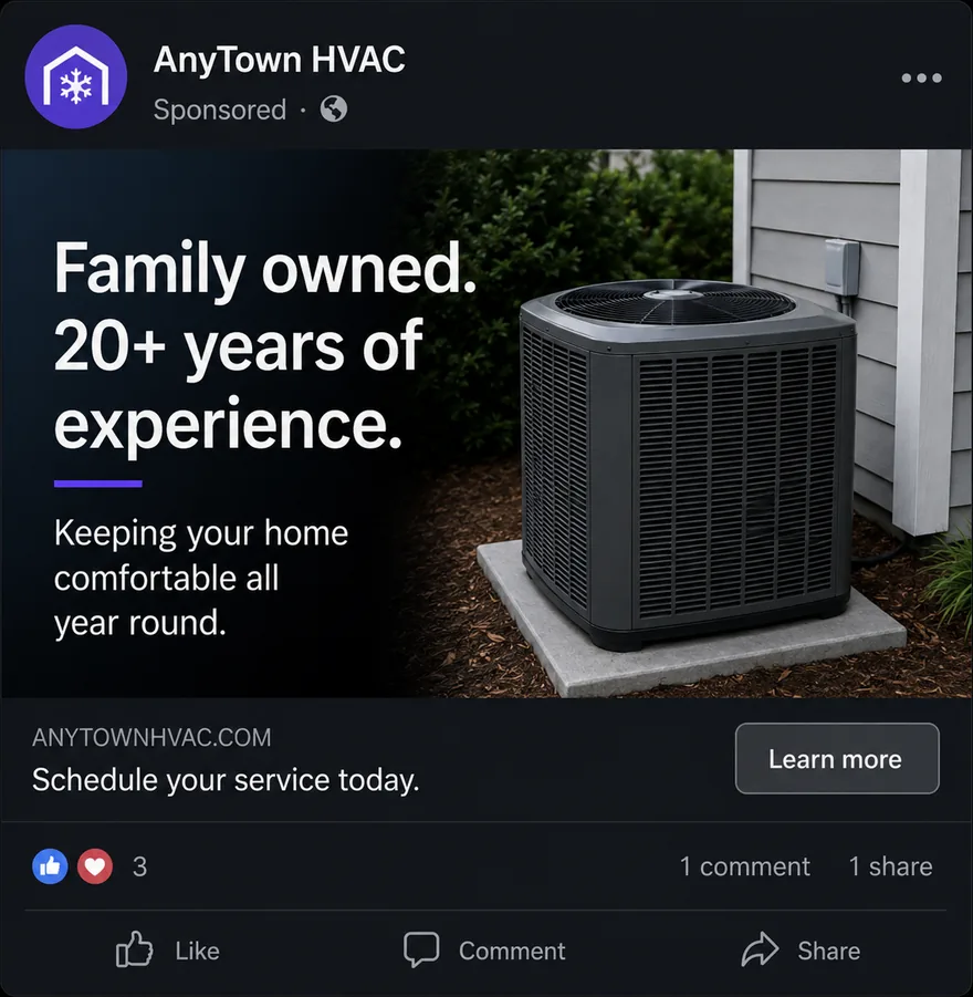 A sponsored post from AnyTown HVAC. The headline reads Family owned, 20+ years of experience, beside a photograph of an air conditioning unit.